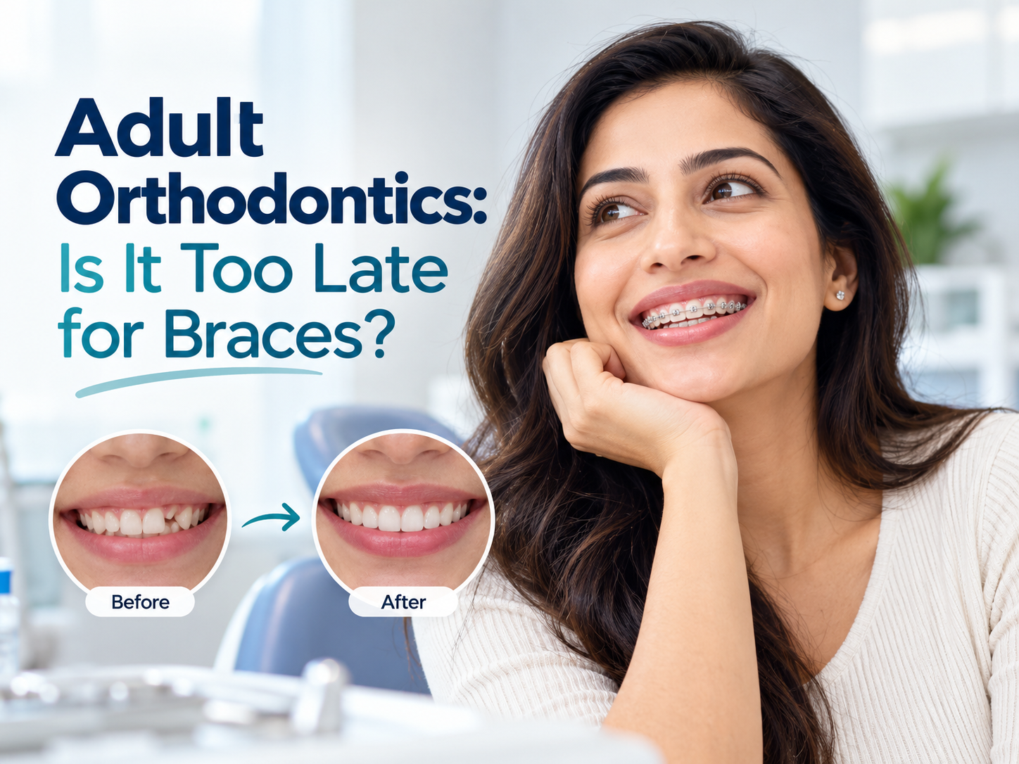 A smiling adult patient wearing clear aligners or braces, looking confident.