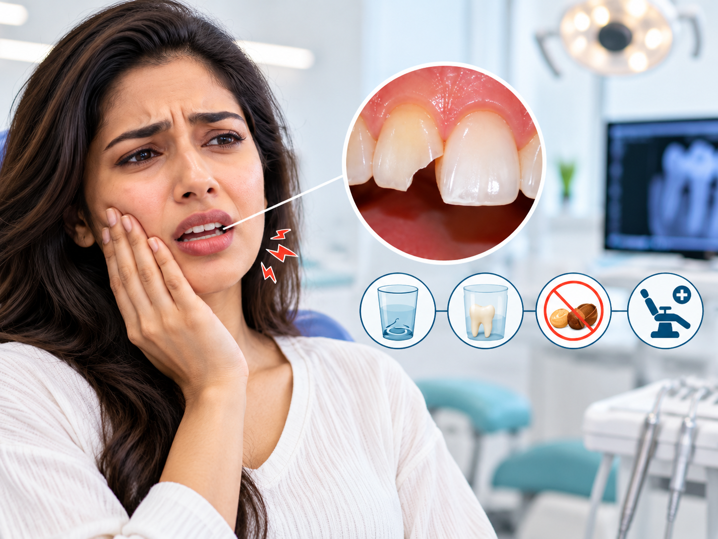 Close-up of a dentist holding a chipped tooth fragment in a dental clinic setting.