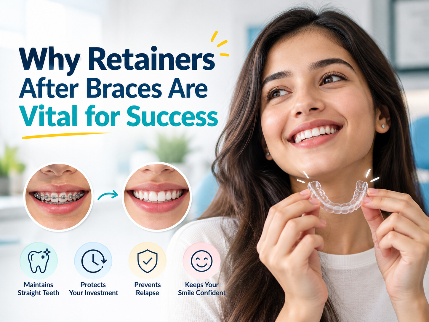 A patient smiling while wearing a clear plastic retainer over their teeth.